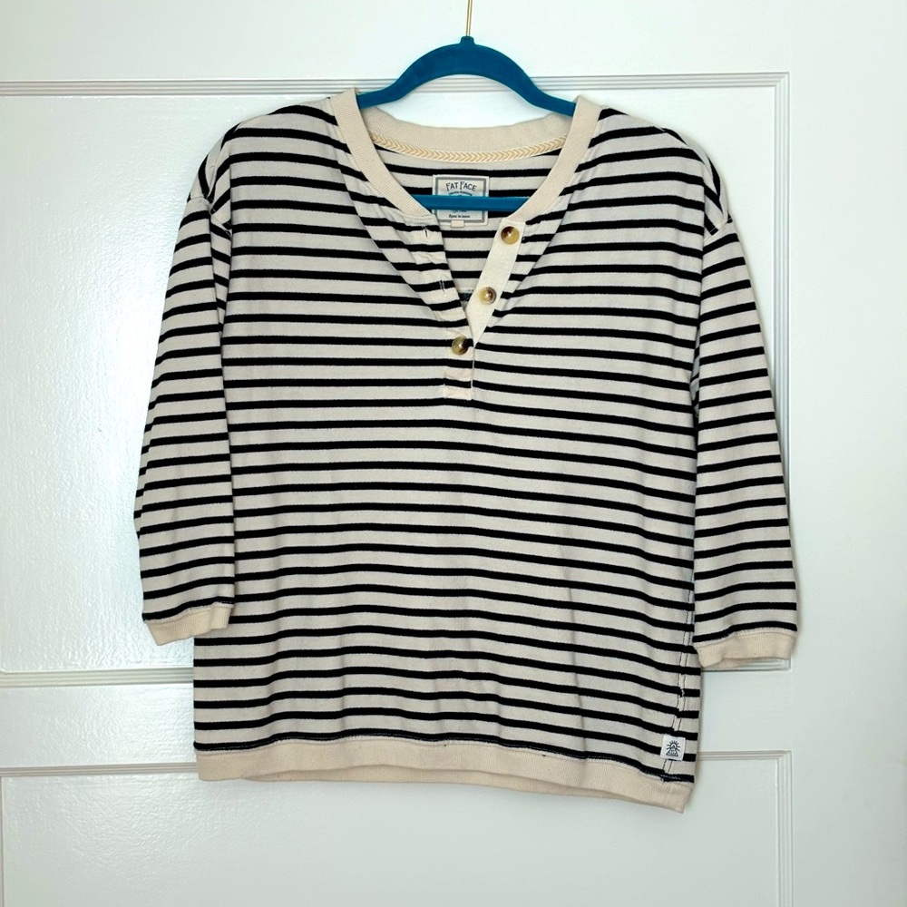Blue and White Striped Henley Neck Long Sleeve Top
